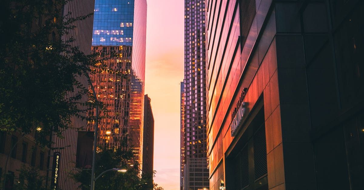 A city street with a lot of tall buildings at night.