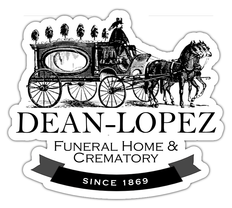 Logo for Dean-Lopez Funeral Home & Crematory featuring a vintage horse-drawn hearse and the text "Since 1869".