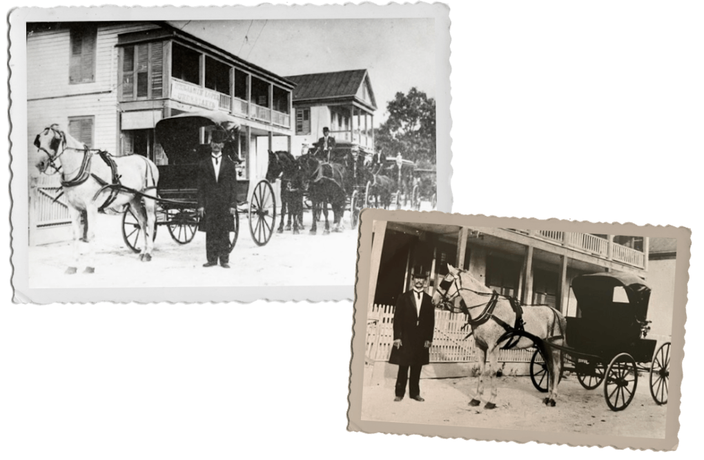 Two vintage black-and-white photos showing men standing beside horse-drawn carriages in front of a building.