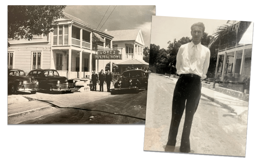Two black-and-white photos: one showing a building with cars, another showing a person standing on a sidewalk.