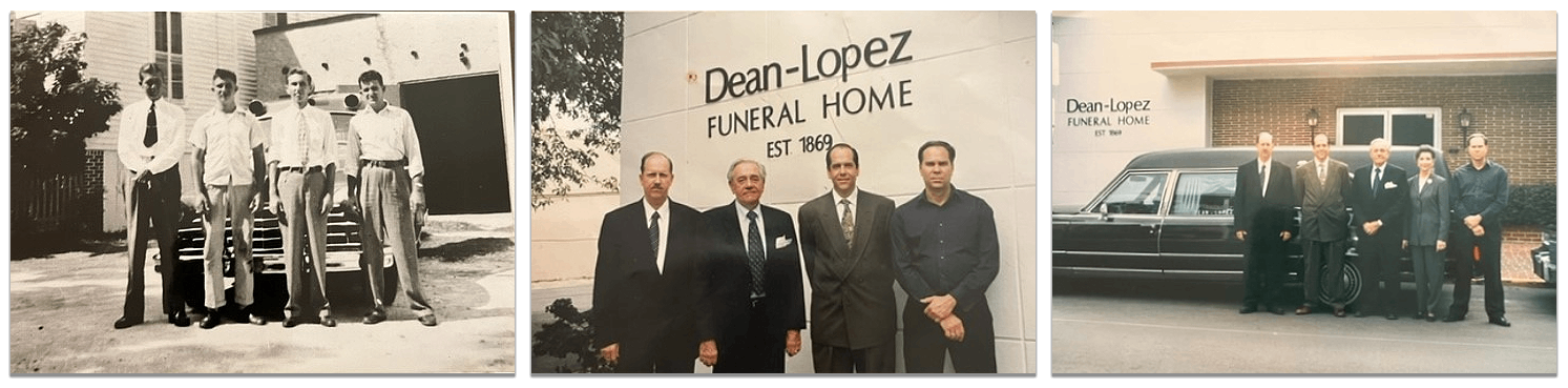 Three photos showing staff and hearses at the Dean-Lopez Funeral Home over several decades.