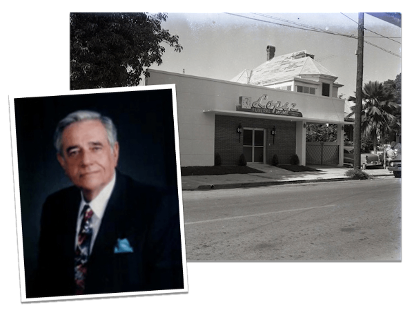 A portrait of a man in a suit next to a vintage black-and-white photo of a commercial storefront building.