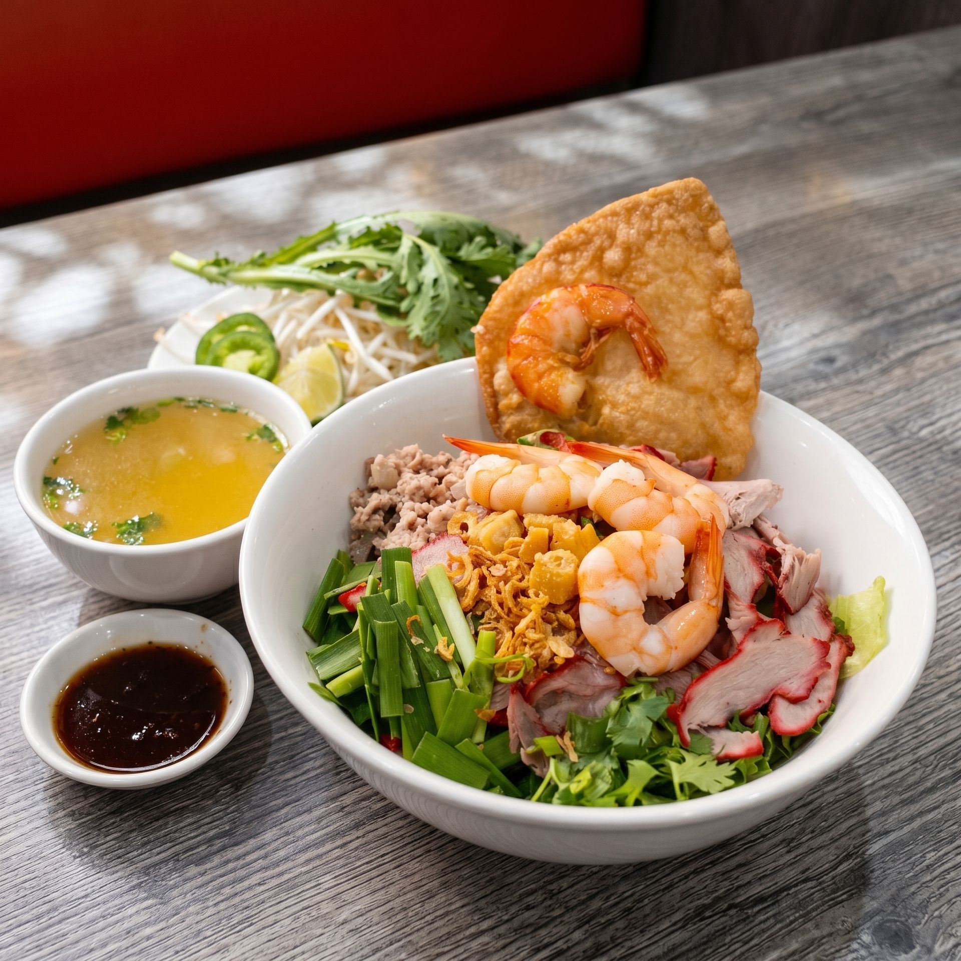 Vietnamese rice noodle bowl with shrimp, herbs, crispy wonton, and dipping sauces on a table