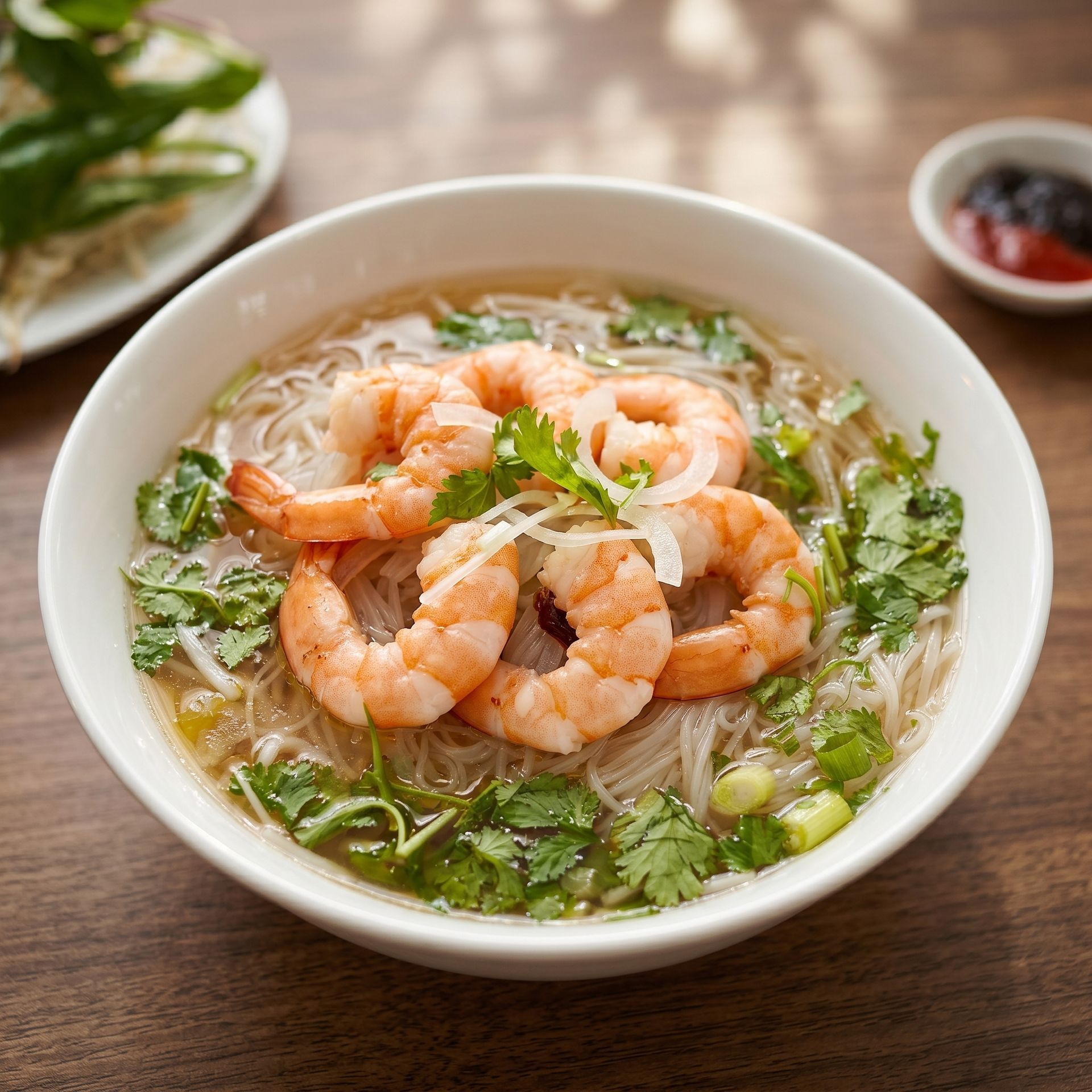 Bowl of shrimp noodle soup topped with herbs on a wooden table
