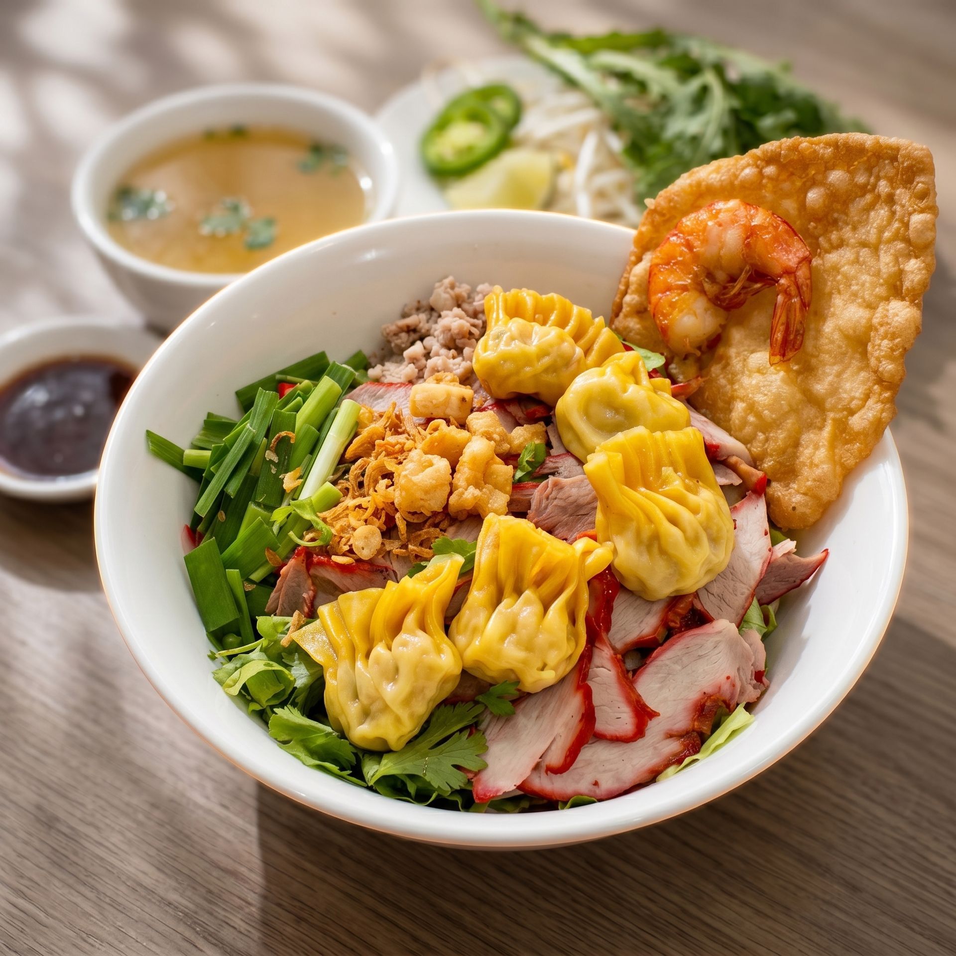 Bowl of colorful dumpling noodle soup with shrimp, sliced pork, greens, and dipping sauces