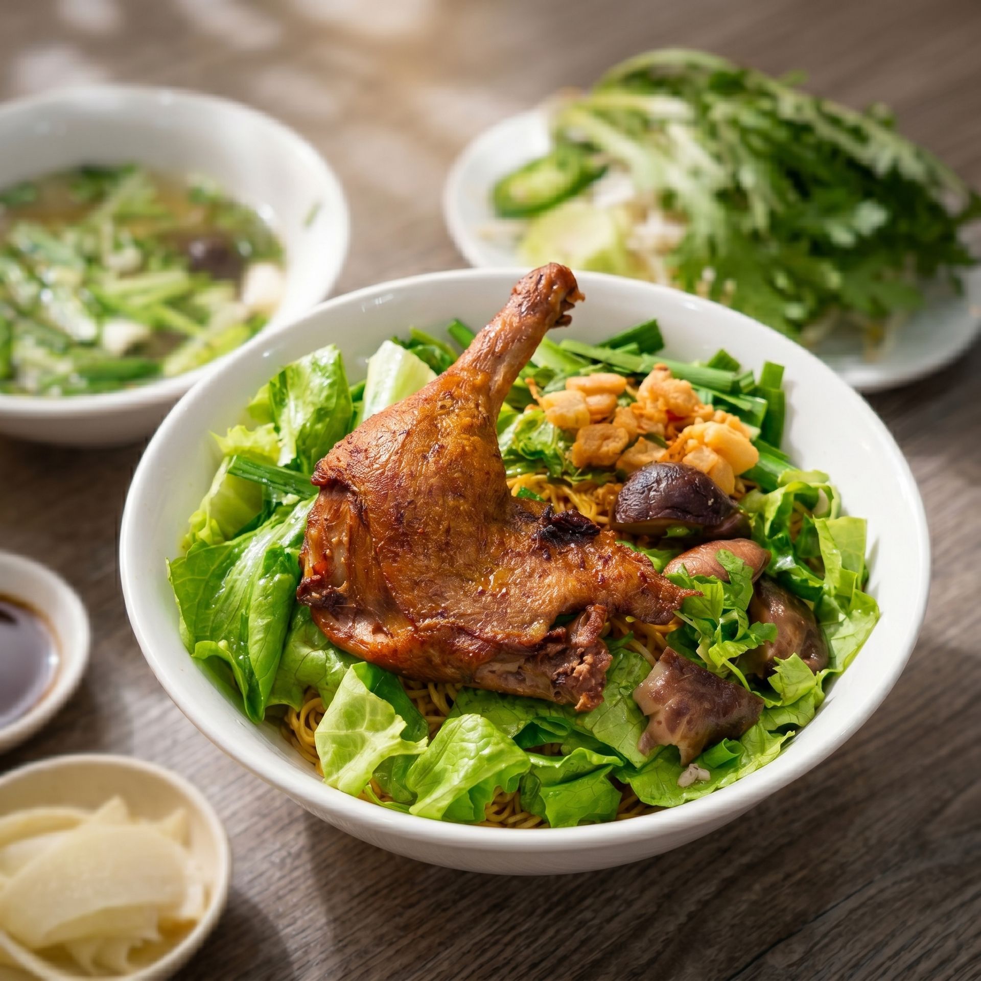Bowl of roasted chicken salad with greens and toppings on a table, with side dishes in the background