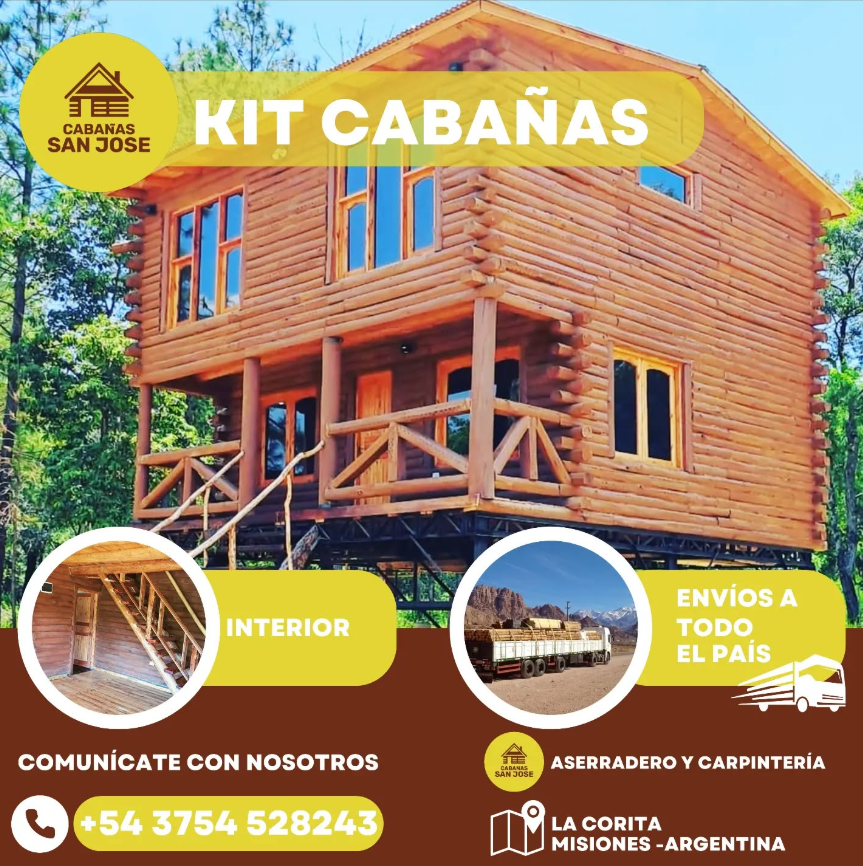 Anuncio de kit de cabaña de madera: muestra una cabaña, vista interior, entrega en camión e información de contacto.