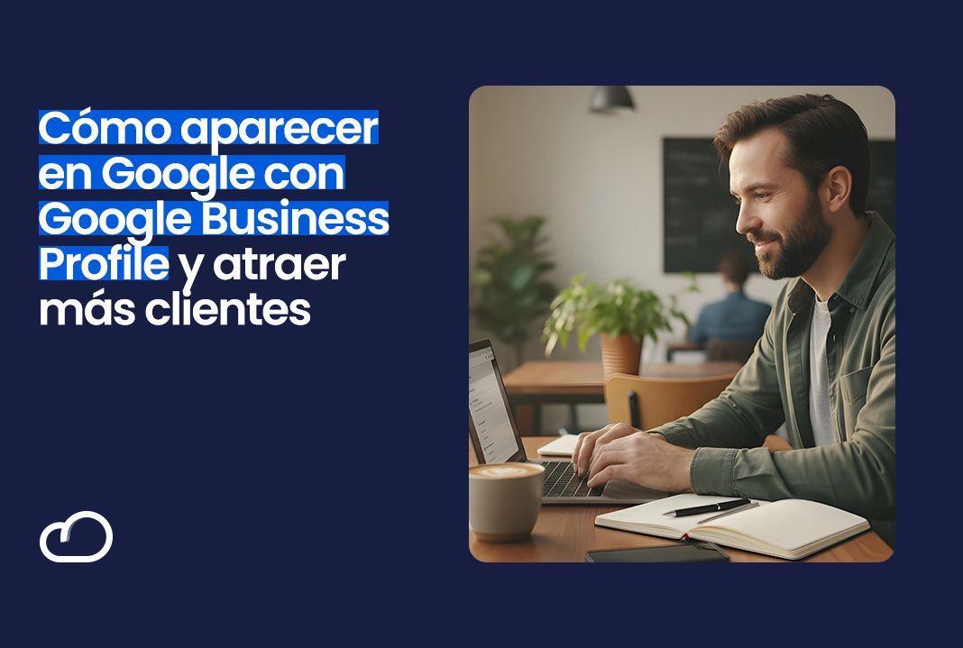 Hombre trabajando en un portátil, texto: 