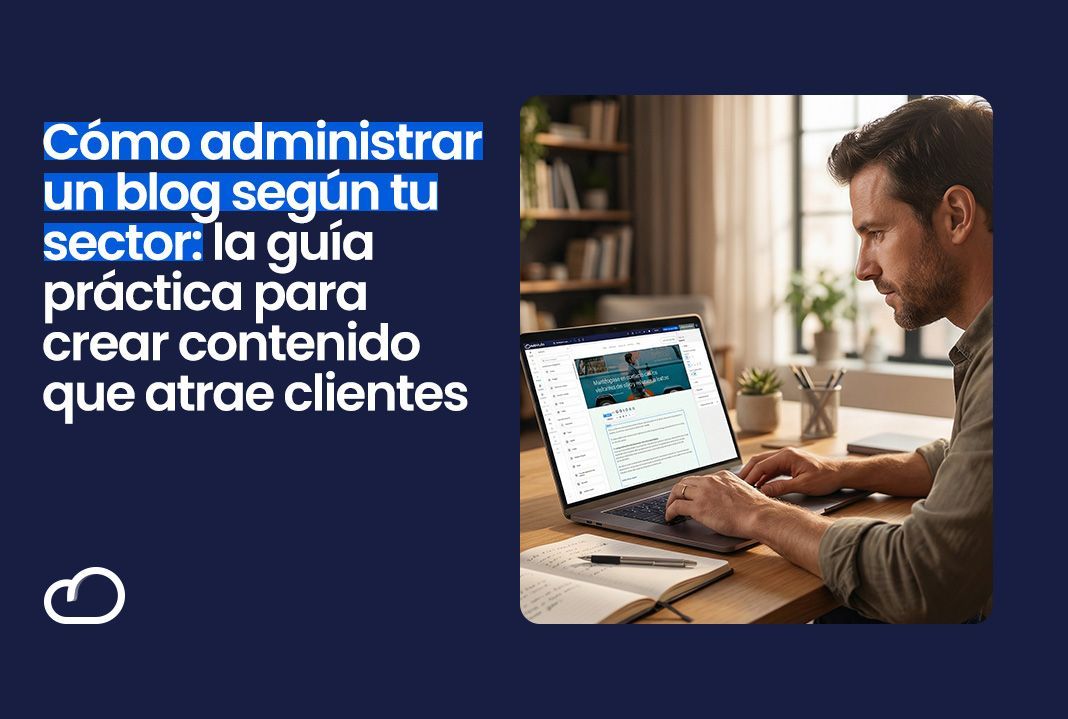 Hombre trabajando en una computadora portátil con el texto 
