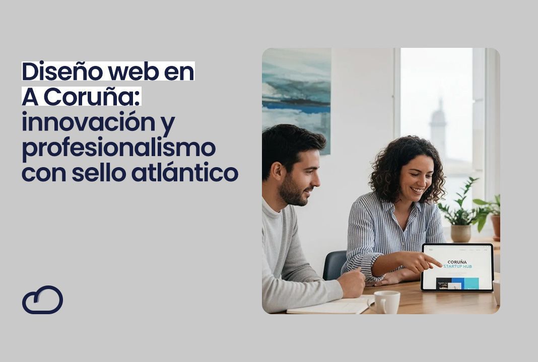 Tres personas sentadas a una mesa, mirando y señalando una tableta en una oficina en A Coruña