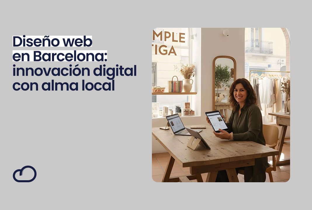 Una mujer sentada a una mesa de madera con ordenadores portátiles en una tienda