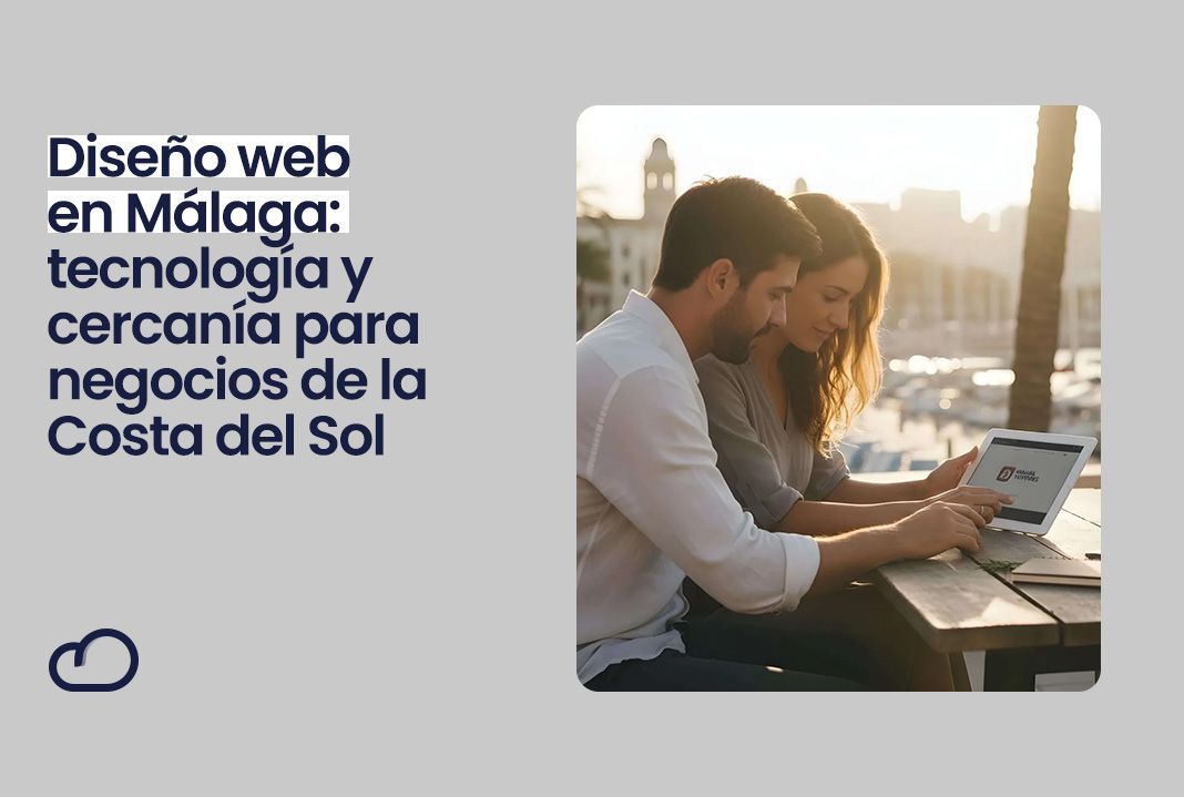 Pareja usando una tableta en una cafetería al aire libre con vistas panorámicas a Málaga