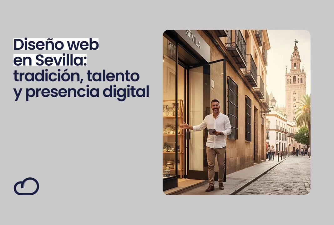Hombre señalando el escaparate de una tienda en una calle; la torre de la Giralda de fondo
