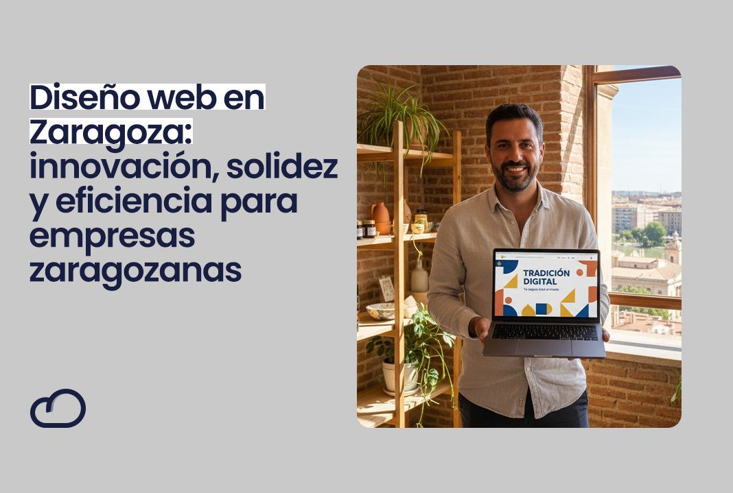 Hombre sosteniendo un ordenador portátil en una tienda, con vistas a Zaragoza