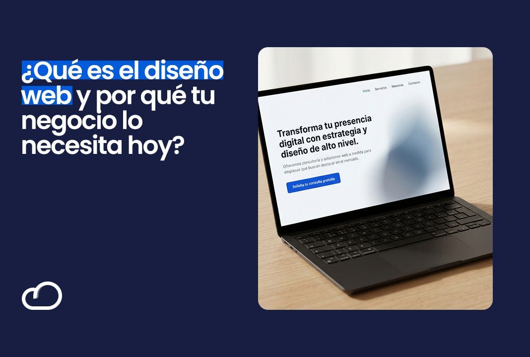 Pantalla promocional en español sobre diseño web junto a una laptop sobre una mesa de madera