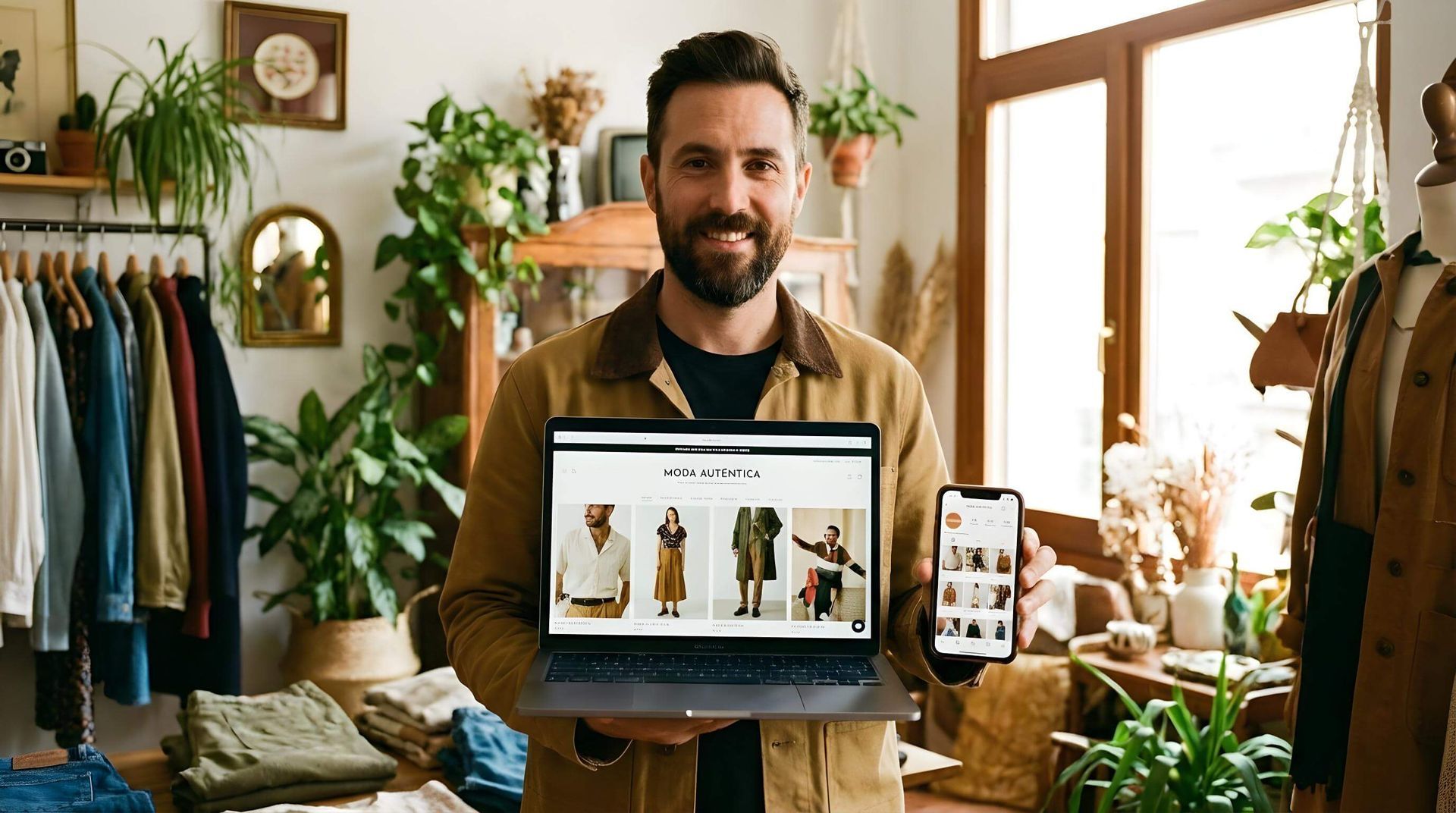 El hombre en una tienda sostiene una computadora portátil y un teléfono que muestran el sitio web de ropa.