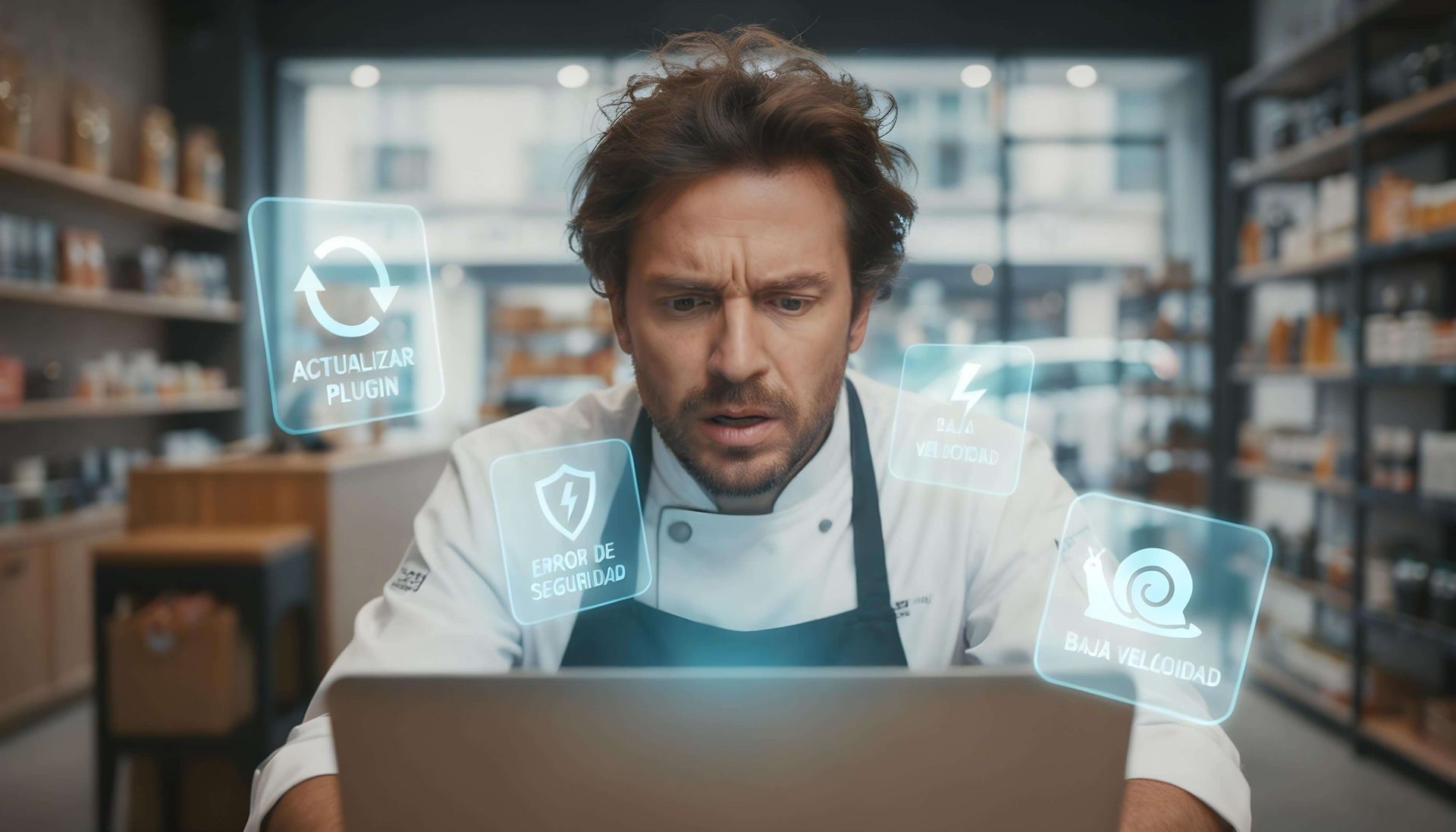 Hombre mirando una computadora portátil con íconos digitales superpuestos en una tienda.