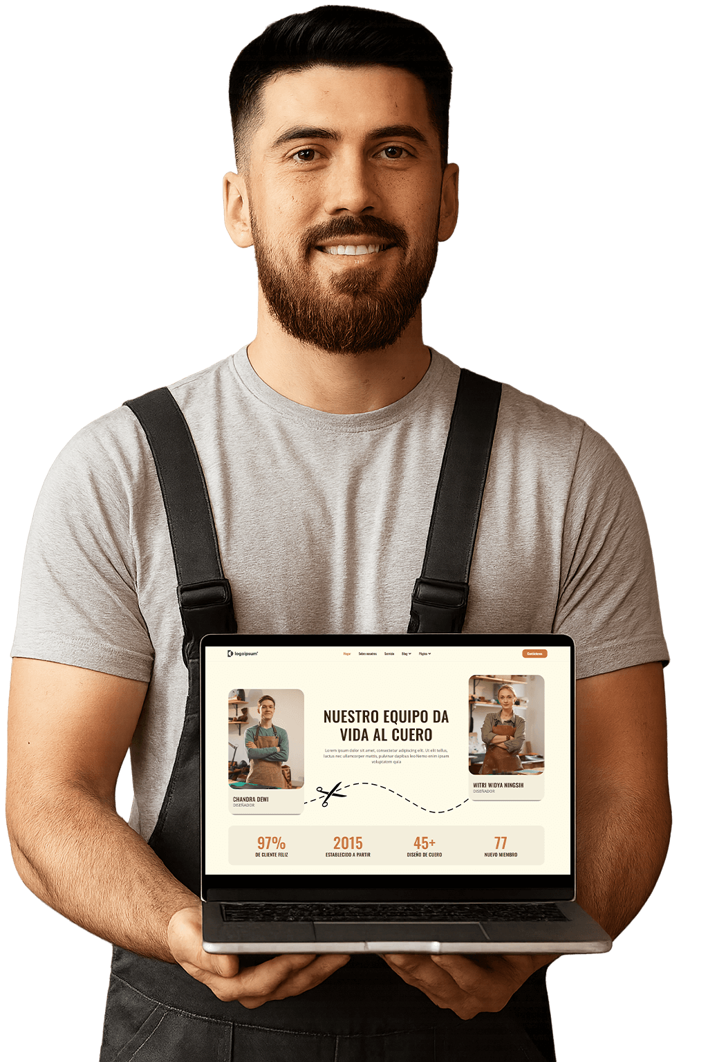 Hombre sosteniendo una computadora portátil, un sitio web con imágenes y texto, vistiendo un mono gris, sonriendo.