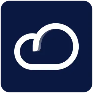 Icono de nube blanca sobre un cuadrado redondeado azul oscuro.