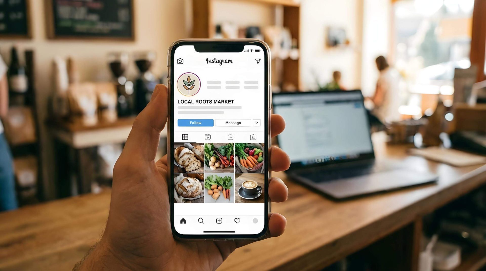 Persona que sostiene un teléfono que muestra un perfil de Instagram en un café.