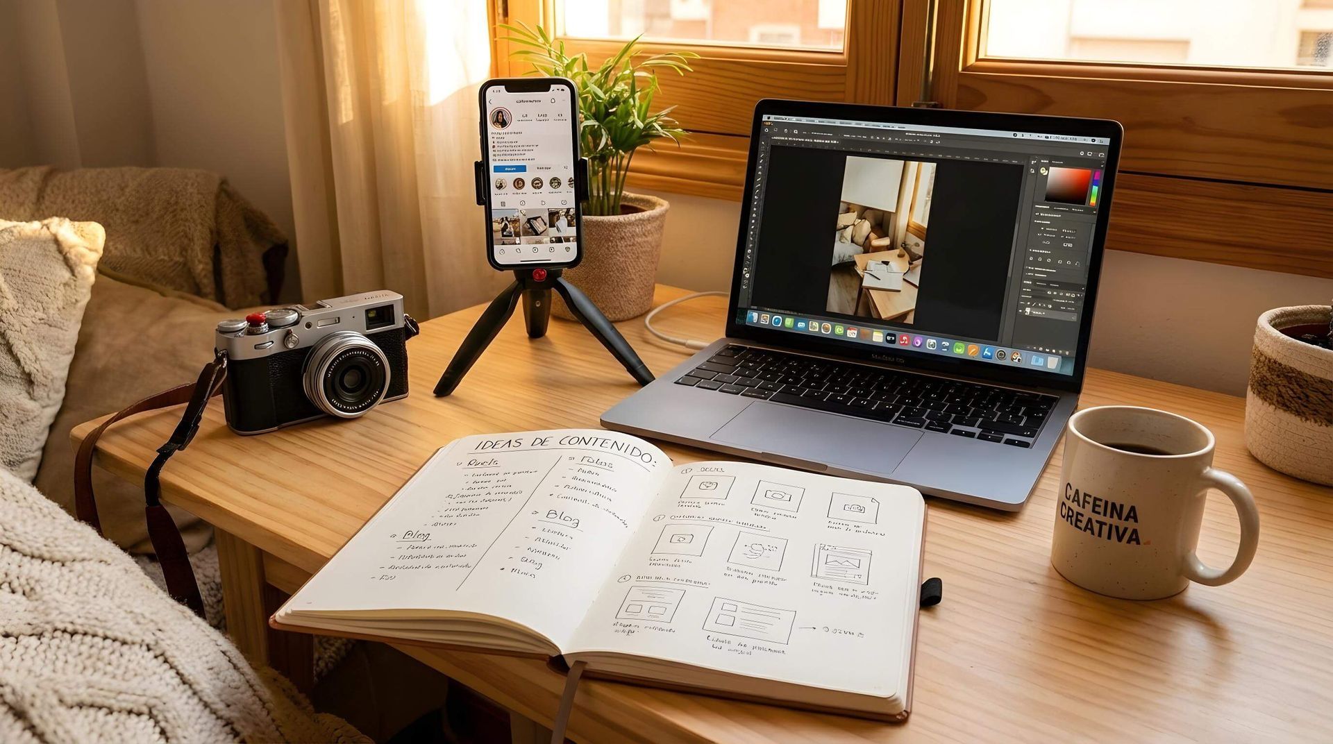 Portátil, teléfono en trípode, cámara y cuaderno sobre un escritorio de madera junto a una ventana. Taza de café.