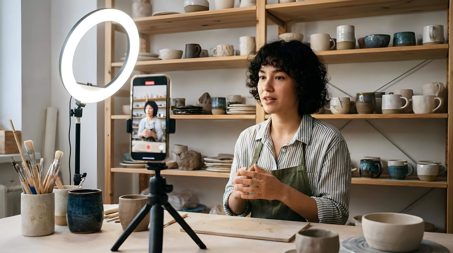 Portátil, teléfono en trípode, cámara y cuaderno sobre un escritorio de madera junto a una ventana. Taza de café.