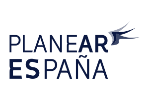 Logotipo para Planear España, texto azul oscuro con gráfico de ala estilizada en azul marino.