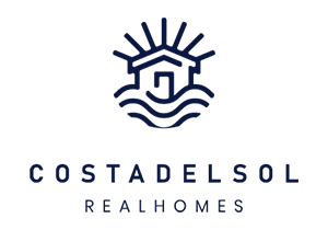 Logotipo: Casa sobre olas, rayos de sol, texto "Costa del Sol Real Homes".