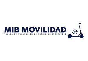 Logotipo de MIB Movilidad, taller de reparación de patinetes eléctricos, texto azul, gráfico del patinete.