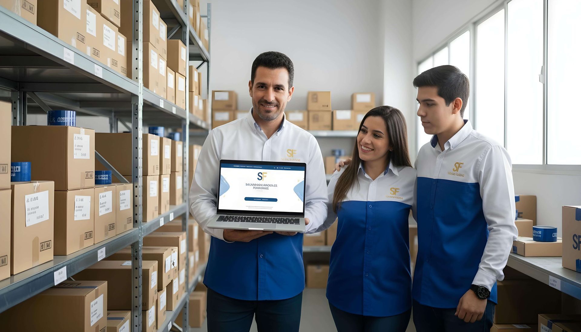 Tres personas en un almacén sosteniendo una computadora portátil, sonriendo.