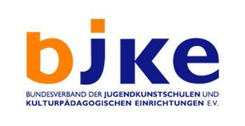 Logo of bkj, with orange "b" and "j," blue "k" and "e", and text "Bundesverband der Jugendkunstschulen..." below.