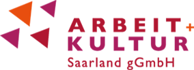 Logo of Arbeit + Kultur Saarland gGmbH with abstract triangles and text.
