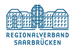 Logo des Regionalverbands Saarbrücken: ein blau umrandetes Gebäude mit darunterliegendem Text.