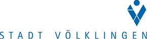 Logo for Stadt Völklingen: Blue text, emblem of person figure.