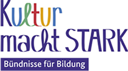 Logo: "Kultur macht STARK" in colored and dark blue text, "Bündnisse für Bildung" in dark blue on a rectangle.