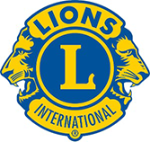 Logo von Lions Clubs International: blauer und goldener Kreis mit zwei Löwenköpfen, die ein großes gelbes „L“ und die Worte „LIONS INTERNATIONAL“ flankieren.