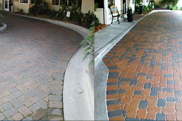 before and after restoring driveway paver blocks