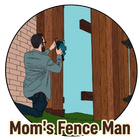 Man kneels photographing a wooden fence gate, with &ldquo;Mom&rsquo;s Fence Man&rdquo; text below