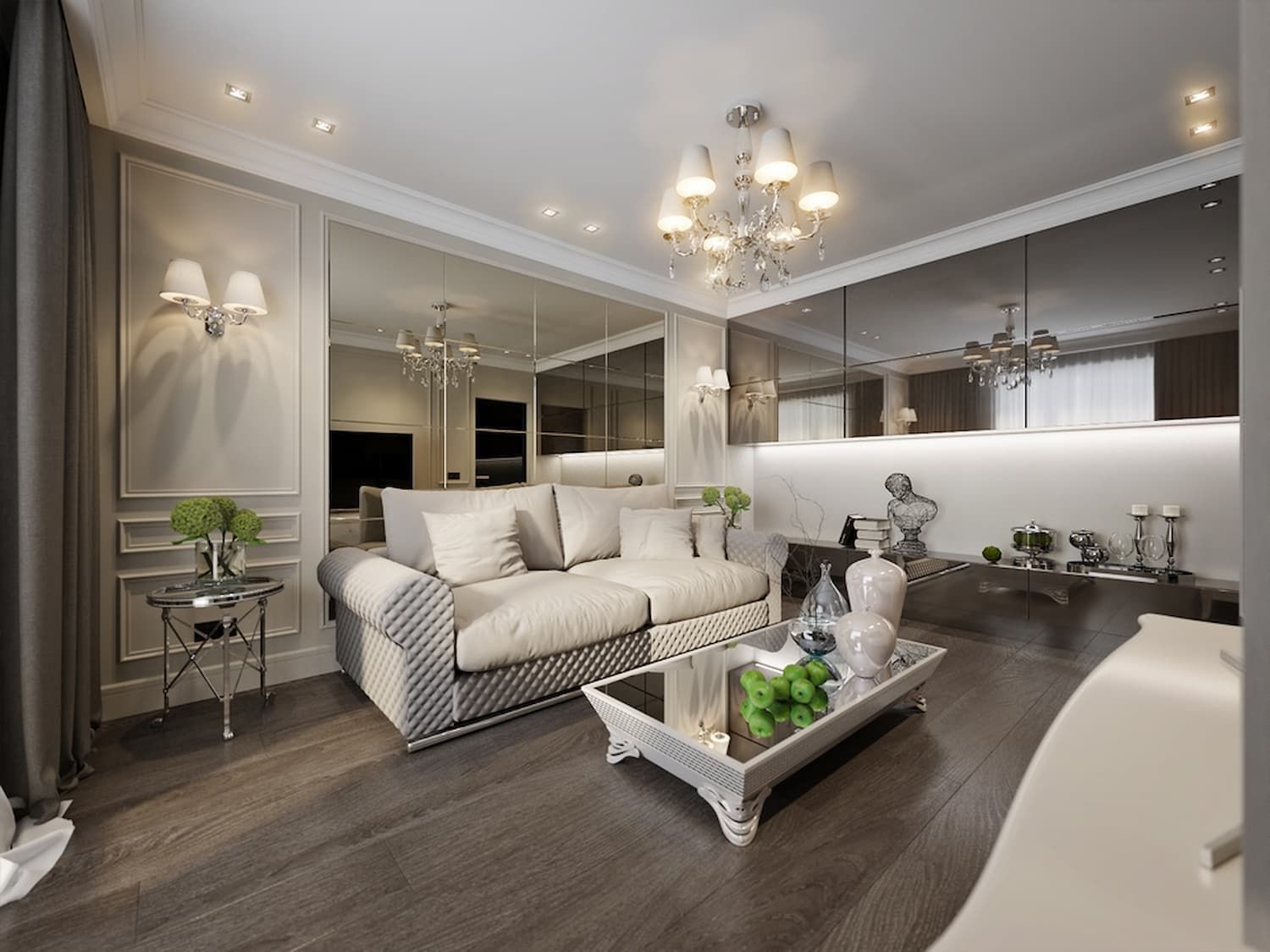 A Living Room with A Couch, Coffee Table, and Mirrored Walls — A Brush With Colour in Craignish, QLD