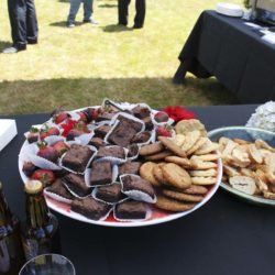 A plate of brownies and strawberries on a table