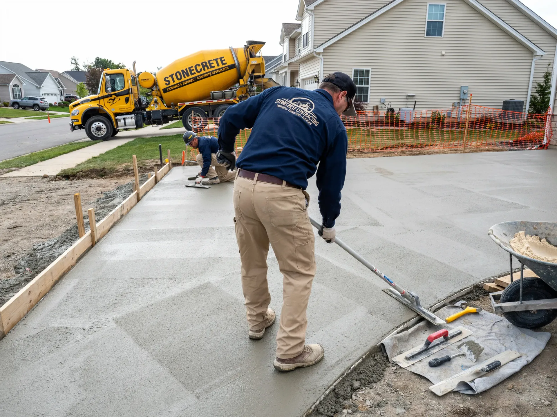 Workers smoothing fresh concrete on a driveway beside a yellow cement truck in a suburban neighborhood
