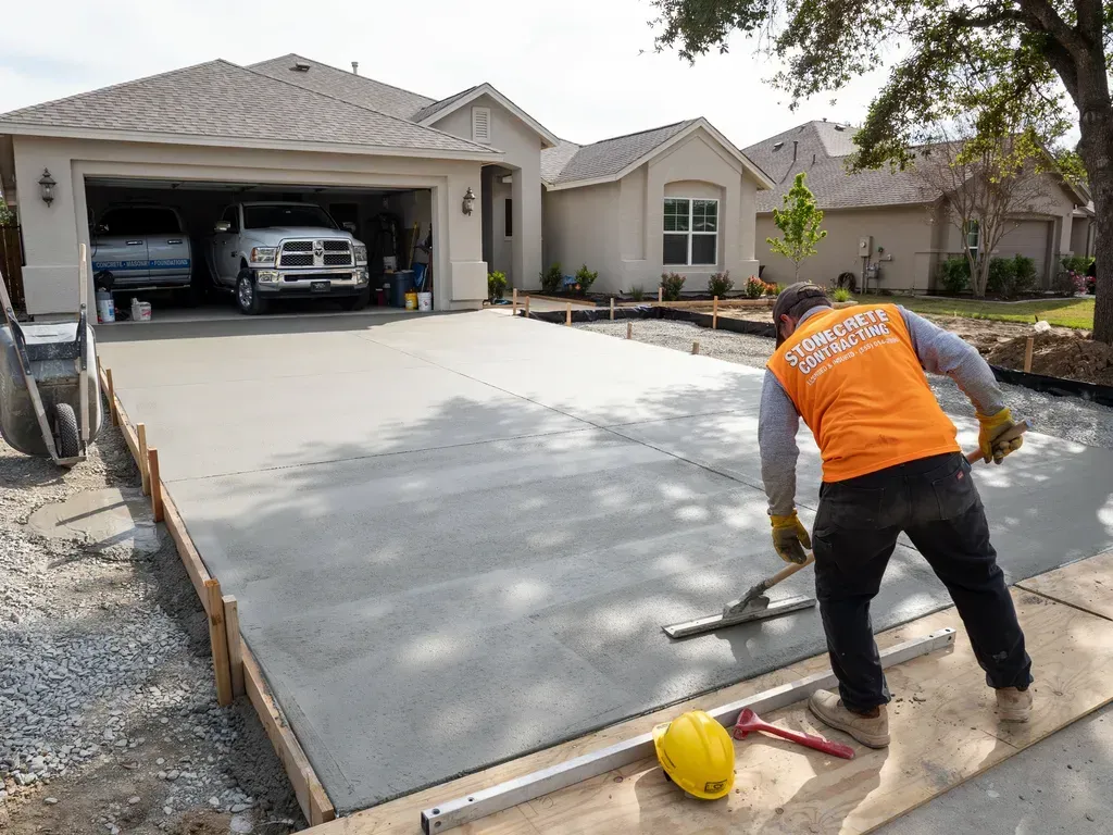 Worker smoothing fresh concrete driveway at a house with garage opening onto the street