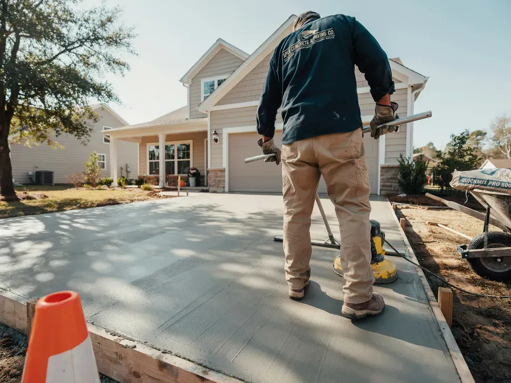 Worker paving a driveway beside a beige house, with an orange cone in the foreground.