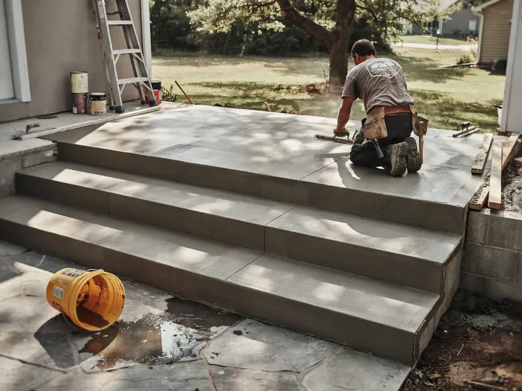 Worker troweling fresh concrete steps on a house porch, with tools scattered nearby
