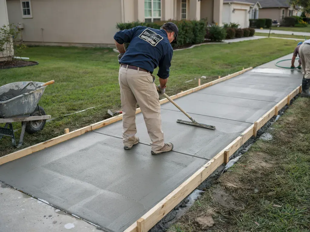 Worker smoothing wet concrete on a residential sidewalk form, with a wheelbarrow nearby.