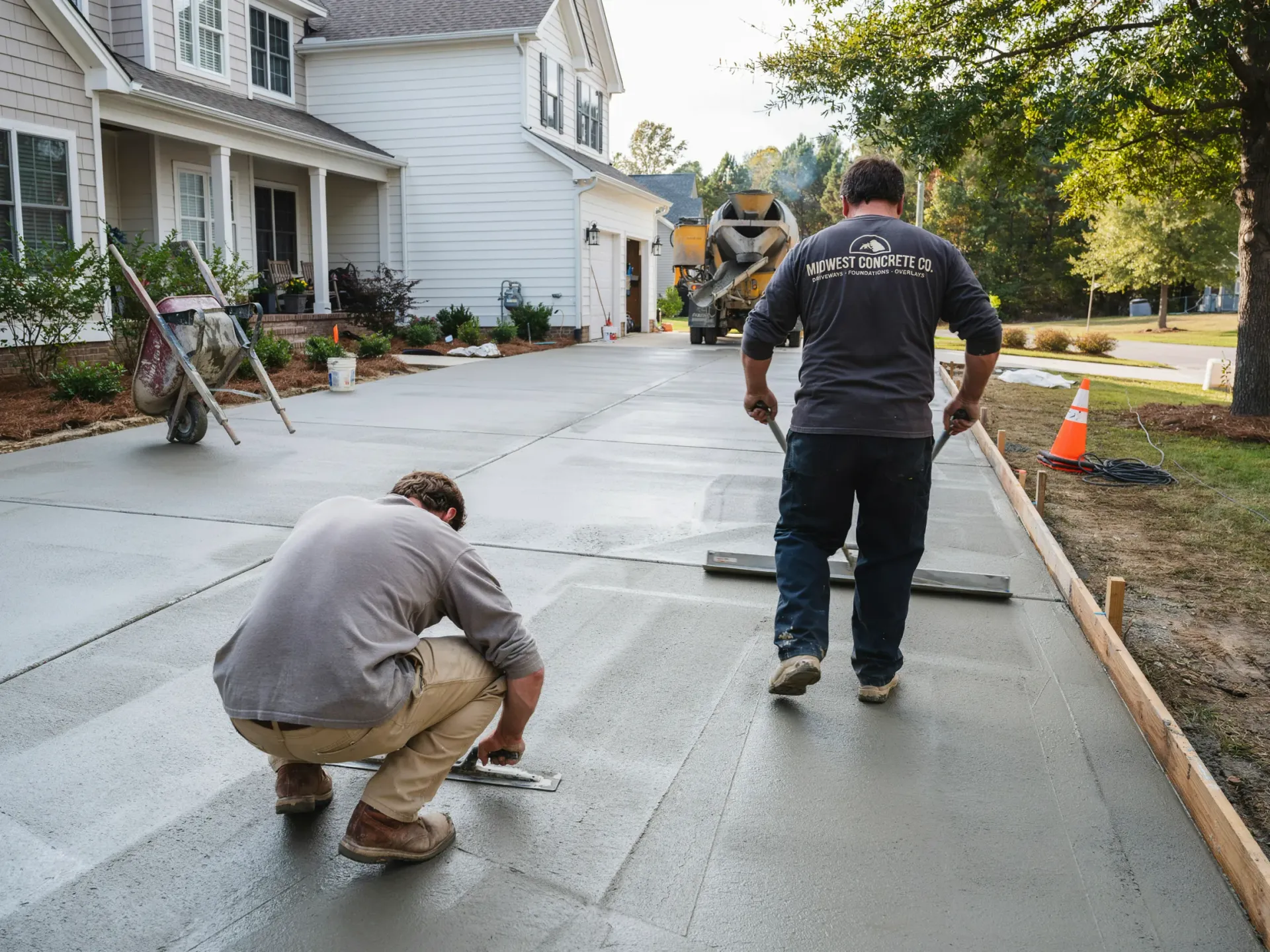 Workers smoothing fresh concrete on a residential driveway beside a white house