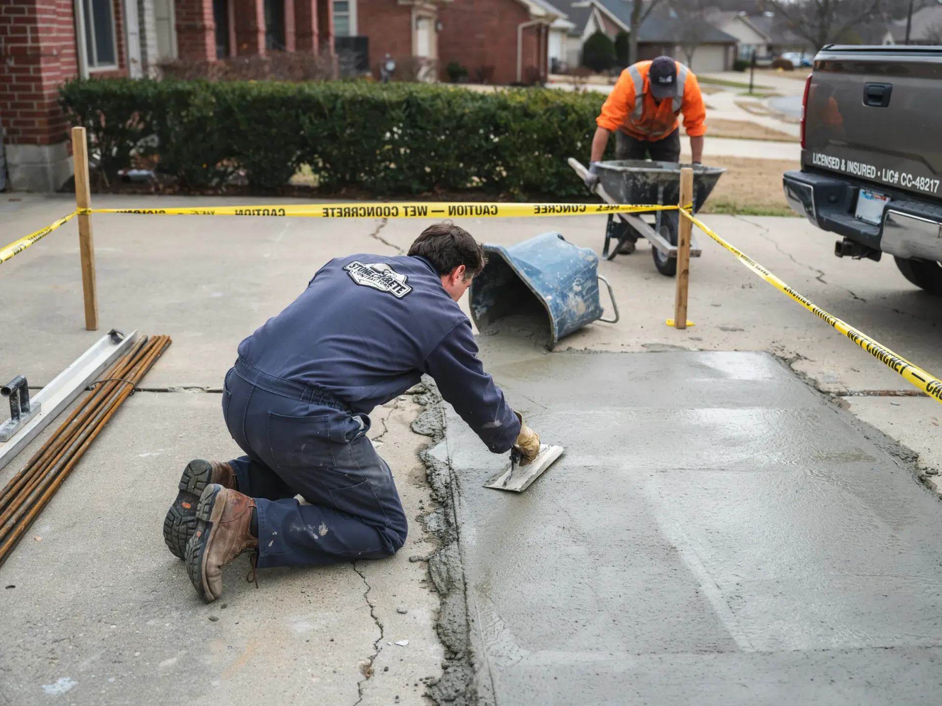 Two workers repairing a cracked driveway, one kneeling with a trowel and one standing near caution tape.