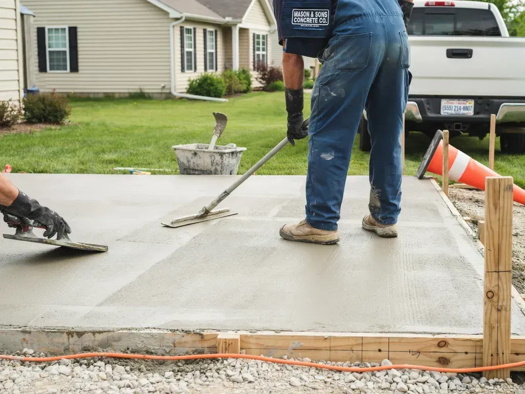 Workers smoothing wet concrete driveway beside a house, with tools and orange cones visible.