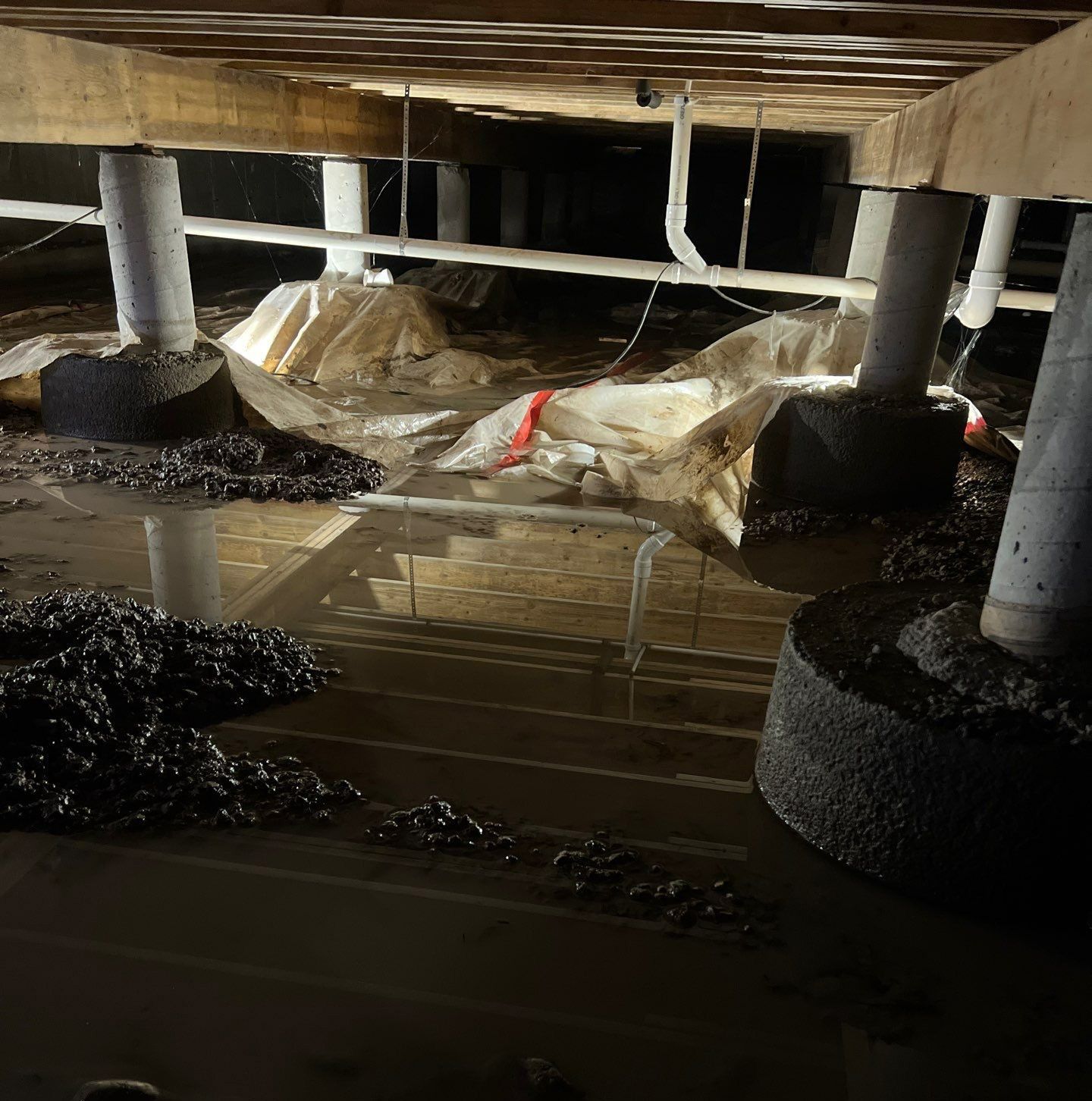 Flooded crawlspace under a house, with concrete piers and debris in standing water.