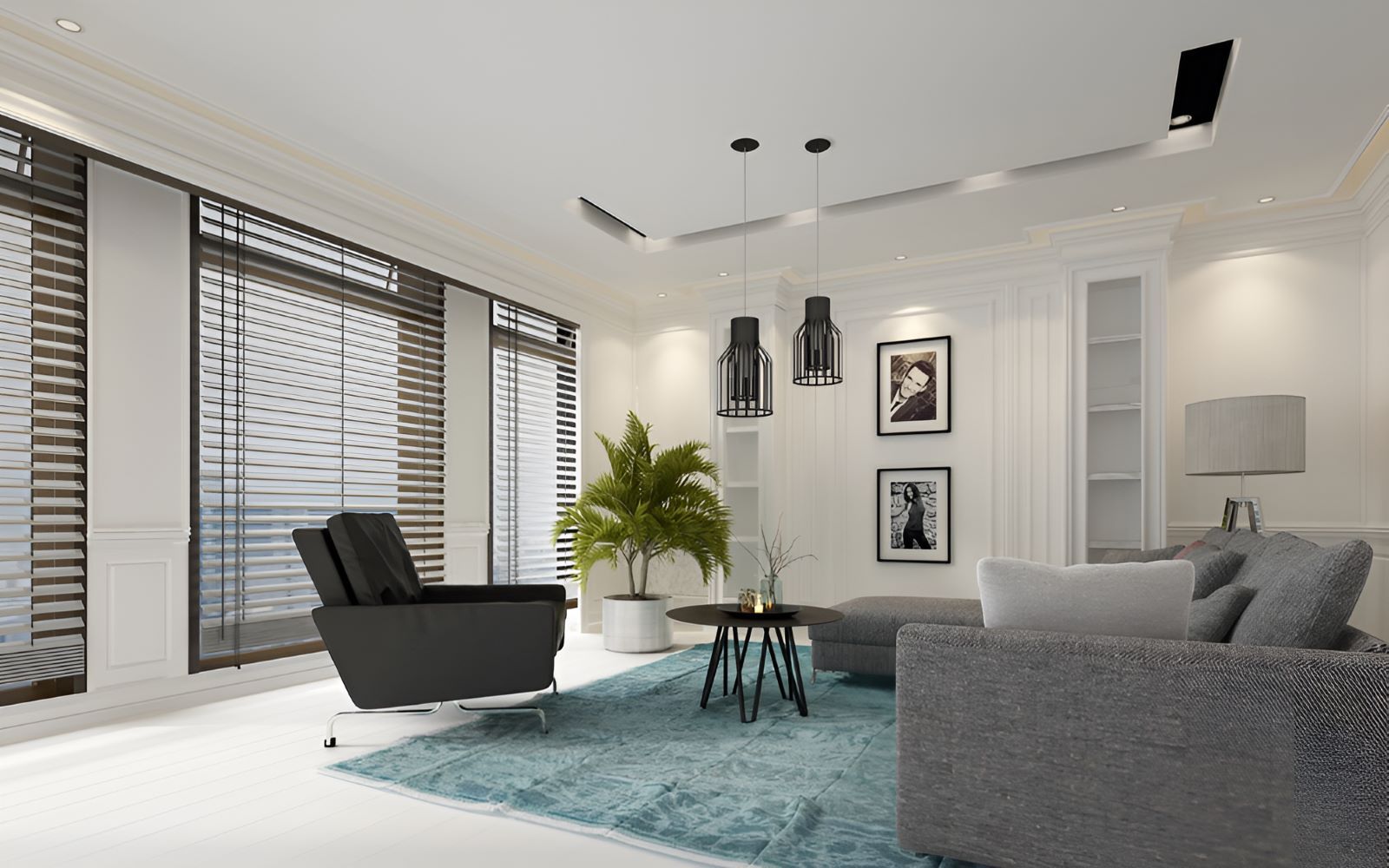 A Living Room With a Couch, Chair, Table and Window Blinds — Homestead Blinds in Wodonga, VIC